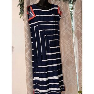 Beautiful Chico's Stretch Wrinkle Free Nautical Striped Midi Length Dress Women'